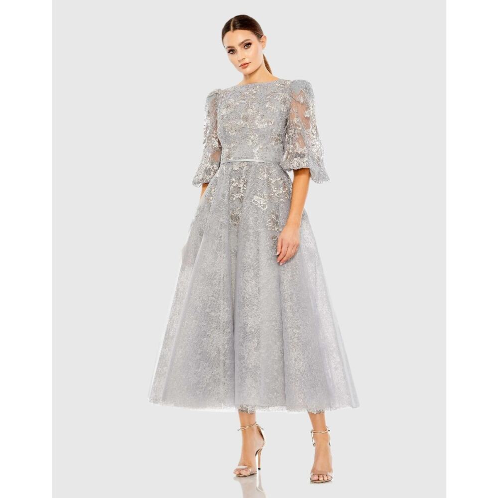 NWT Mac Duggal Platinum High Neck Puff Sleeve Lace Midi Dress Style 20418 Size 8